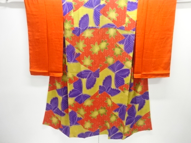 JAPANESE KIMONO / ANTIQUE MAPLE PATTERN CREPE BUTTERFLY JUBAN